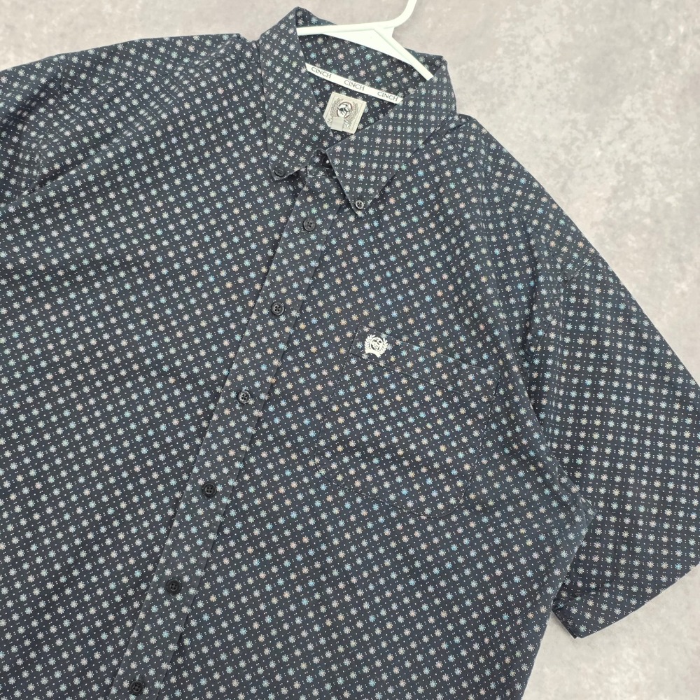 Cinch Button Down Western Shirt Mens XL Short Sleeve Navy Blue Geometric Print